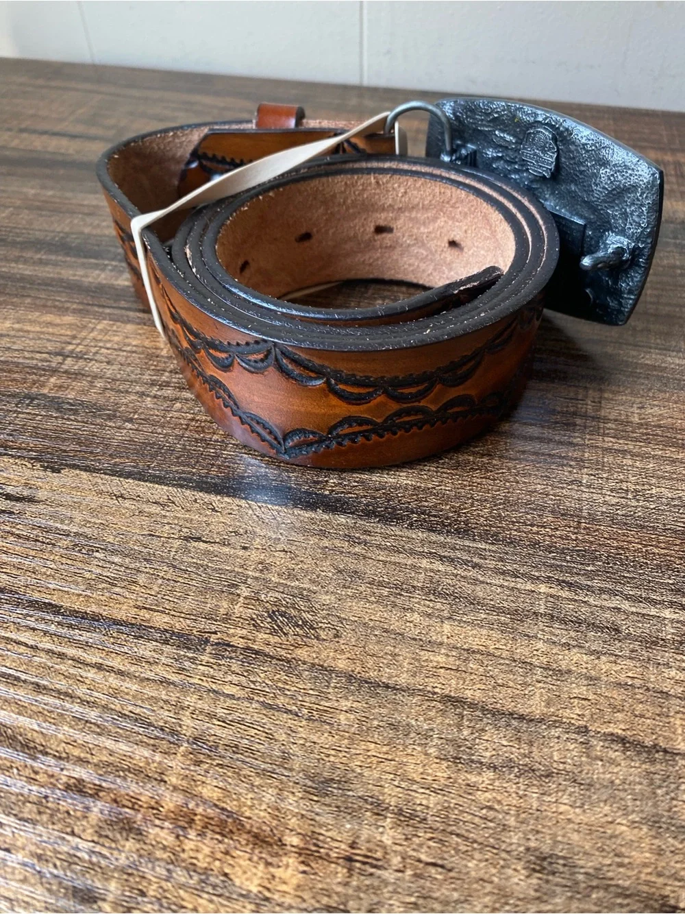 Vintage Hand Tooled Leather Belt, 36”